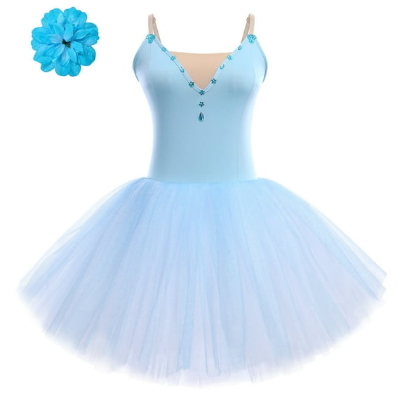 IBTOM CASTLE Ballet Dance Dress for Women Sleeveless Shiny Rhinestone Decorated Tulle Tutu Skirt Dancewear S Blue