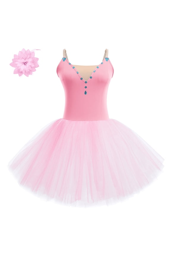 Ballet Dance Dress for Women Sleeveless Shiny Rhinestone Decorated Tulle Tutu Skirt Dancewear S Pink