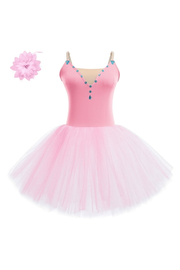 Ballet Dance Dress for Women Sleeveless Shiny Rhinestone Decorated Tulle Tutu Skirt Dancewear XL Pink