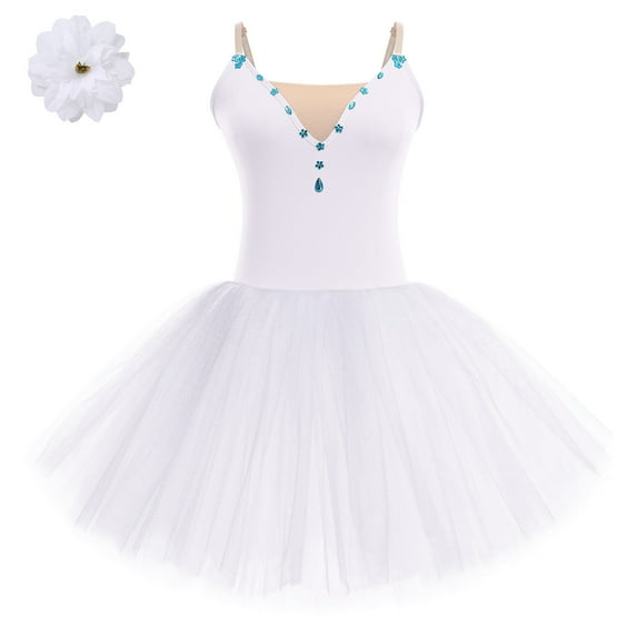IBTOM CASTLE Ballet Dance Dress for Women Sleeveless Shiny Rhinestone Decorated Tulle Tutu Skirt Dancewear XL White