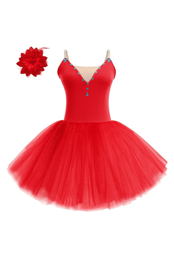 Ballet Dance Dress for Women Sleeveless Shiny Rhinestone Decorated Tulle Tutu Skirt Dancewear XXL Red
