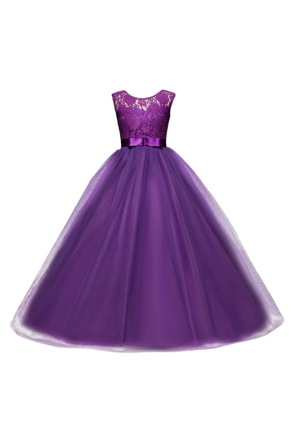Big Girl Flower Lace Princess Tulle Long Dress for Kids Prom Formal Pageant Dance Gown 12-13 Years Purple