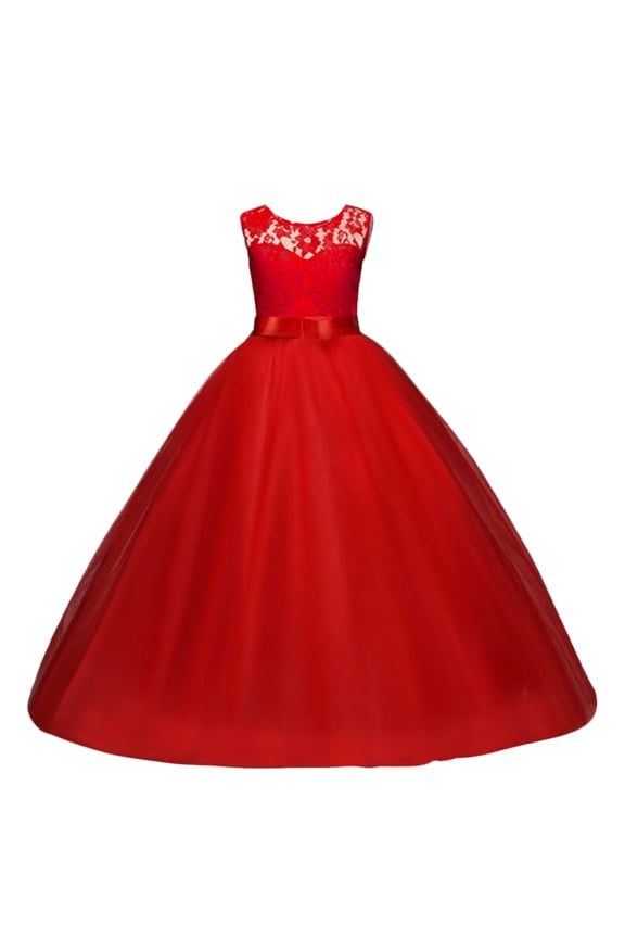 Big Girl Flower Lace Princess Tulle Long Dress for Kids Prom Formal Pageant Dance Gown 7-8 Years Red