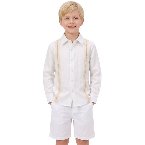 IBTOM CASTLE Boys Guayabera Shirt Long Sleeve Button Down Shirts Point Collar Loose Fit Fall Winter Cotton Top for Vacation Wear Wedding Party Formal 5-6 Years White