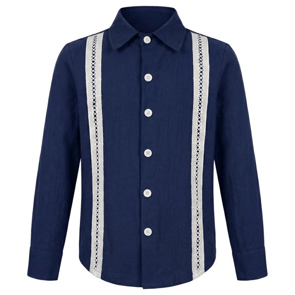 IBTOM CASTLE Boys Guayabera Shirt Long Sleeve Button Down Shirts Point Collar Loose Fit Fall Winter Cotton Top for Vacation Wear Wedding Party Formal Navy Blue