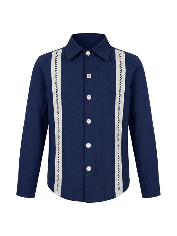 Boys Guayabera Shirt Long Sleeve Button Down Shirts Point Collar Loose Fit Fall Winter Cotton Top for Vacation Wear Wedding Party Formal Navy Blue