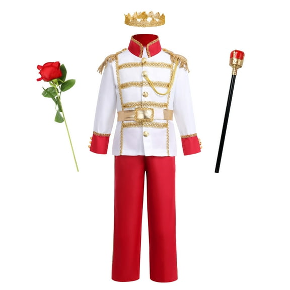 IBTOM CASTLE Boys Prince Charming Costume Halloween Cosplay Dress up Birthday Party Medieval Royal Prince Outfits for Toddler Child 5-7 Years Red 6pcs