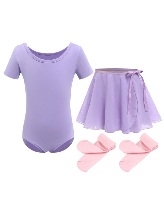 Toddler Kids Girls Short Sleeve Ballet Dance Leotards Costume with Chiffon Dance Skirt Tights Ballerina Outfits 4-5 Years Purple