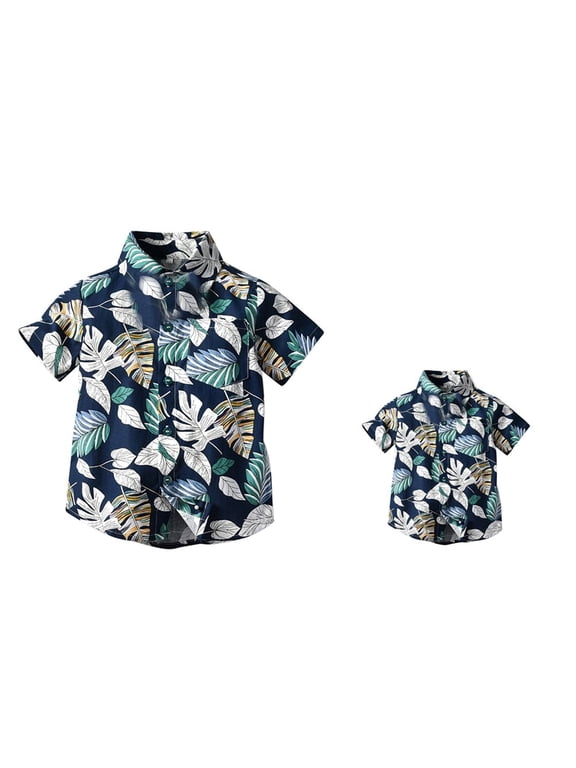 Daddy and Me Matching Outfits Hawaiian Father and Son Matching Shirts for family Photoshoot Summer Men Boys Father's Day Tops 4-5 Years Dark Blue Leaves