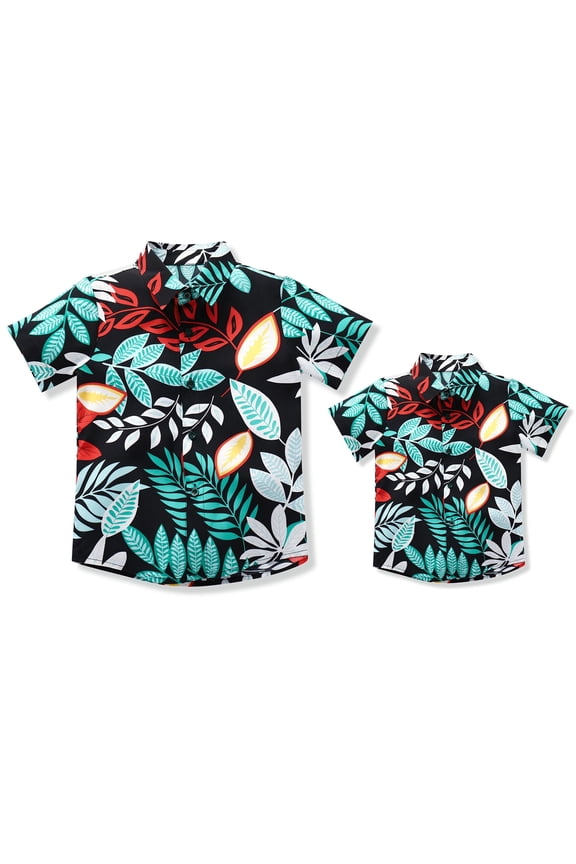 Daddy and Me Matching Outfits Hawaiian Father and Son Matching Shirts for family Photoshoot Summer Men Boys Father's Day Tops 6-7 Years Black + Green Leaves