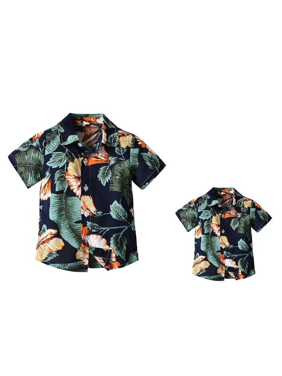 Daddy and Me Matching Outfits Hawaiian Father and Son Matching Shirts for family Photoshoot Summer Men Boys Father's Day Tops L Navy Blue Leaves