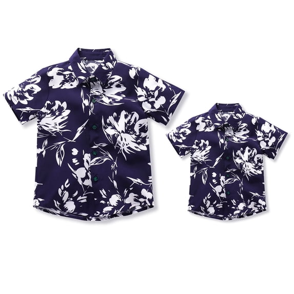 IBTOM CASTLE Daddy and Me Matching Outfits Hawaiian Father and Son Matching Shirts for family Photoshoot Summer Men Boys Father's Day Tops XL Navy Blue Floral