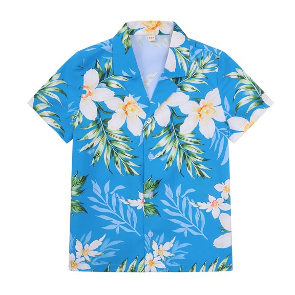 IBTOM CASTLE Daddy and Son Tropical Print Matching Shirts, Father Son Shirts for Beach Hawaiian Short Sleeve Summer Holiday Casual Clothes M Blue + White Flower