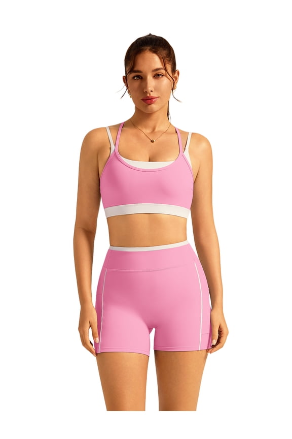 Double Layer Workout Sets for Women 2 Piece Sports Bra High Waist Biker Shorts with Pocket Yoga Pialtes Outfits Pink