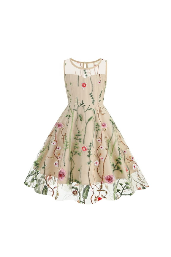 Kids Girls Embroidery Flower Lace Dress Wedding Pageant Party First Communion Casual Dresses Princess Bridesmaid Maxi Gown 11-12 Years Apricot