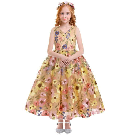 IBTOM CASTLE Embroidery Flower Girl Lace Dress for Kids Wedding Pageant Party First Communion Dresses Princess Bridesmaid Maxi Gown 11-12 Years Champagne