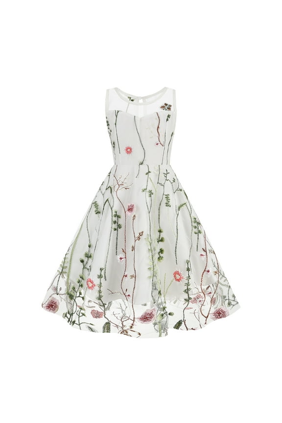 Kids Girls Embroidery Flower Lace Dress Wedding Pageant Party First Communion Casual Dresses Princess Bridesmaid Maxi Gown 11-12 Years White