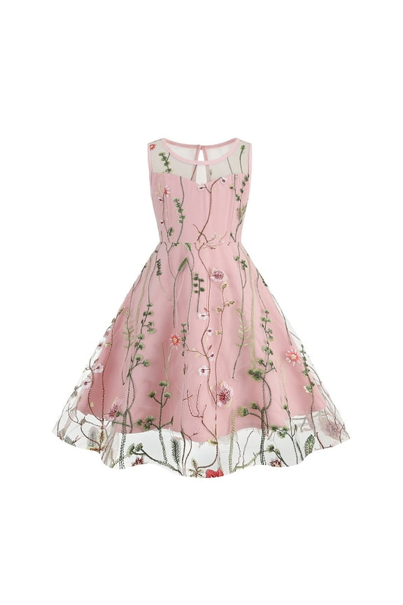 Kids Girls Embroidery Flower Lace Dress Wedding Pageant Party First Communion Casual Dresses Princess Bridesmaid Maxi Gown 13-14 Years Pink