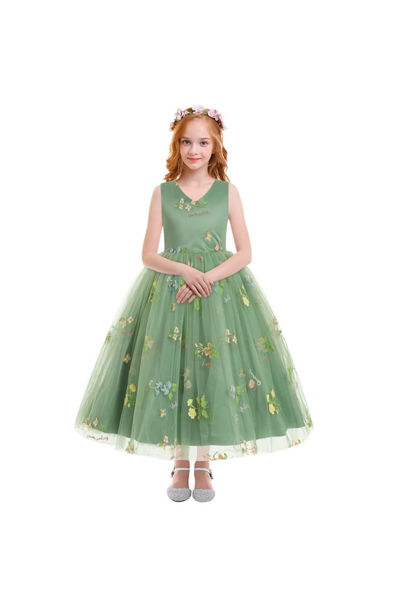 Embroidery Flower Girl Lace Dress for Kids Wedding Pageant Party First Communion Dresses Princess Bridesmaid Maxi Gown 6-7 Years Green