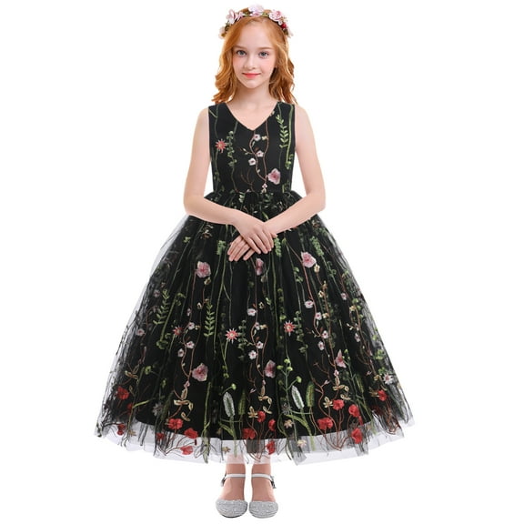 IBTOM CASTLE Embroidery Flower Girl Lace Dress for Kids Wedding Pageant Party First Communion Dresses Princess Bridesmaid Maxi Gown 7-8 Years Black