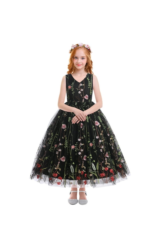 Embroidery Flower Girl Lace Dress for Kids Wedding Pageant Party First Communion Dresses Princess Bridesmaid Maxi Gown 7-8 Years Black