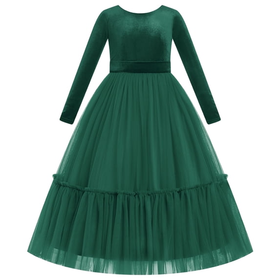 IBTOM CASTLE Embroidery Flower Girl Velvet Tutu Dress for Kids Princess Birthday Party Pageant Wedding Dresses Fall Winter Clothes 5-6T Green