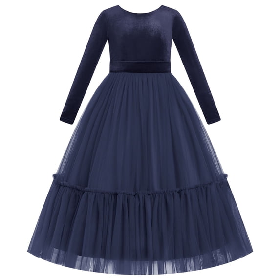 IBTOM CASTLE Embroidery Flower Girl Velvet Tutu Dress for Kids Princess Birthday Party Pageant Wedding Dresses Fall Winter Clothes Blue