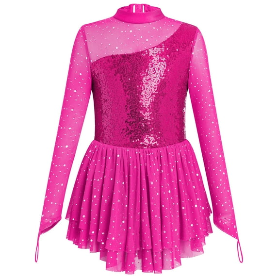 IBTOM CASTLE Figure Skating Dress for Girls Long Sleeve Mesh Sequin Rhinestones Ice Skating Dress Ballet Competition Dancewear 3-4 Years Hot Pink