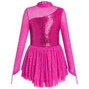 IBTOM CASTLE Figure Skating Dress for Girls Long Sleeve Mesh Sequin Rhinestones Ice Skating Dress Ballet Competition Dancewear 7-8 Years Hot Pink