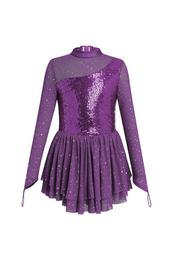 Figure Skating Dress for Girls Long Sleeve Mesh Sequin Rhinestones Ice Skating Dress Ballet Competition Dancewear 7-8 Years Purple