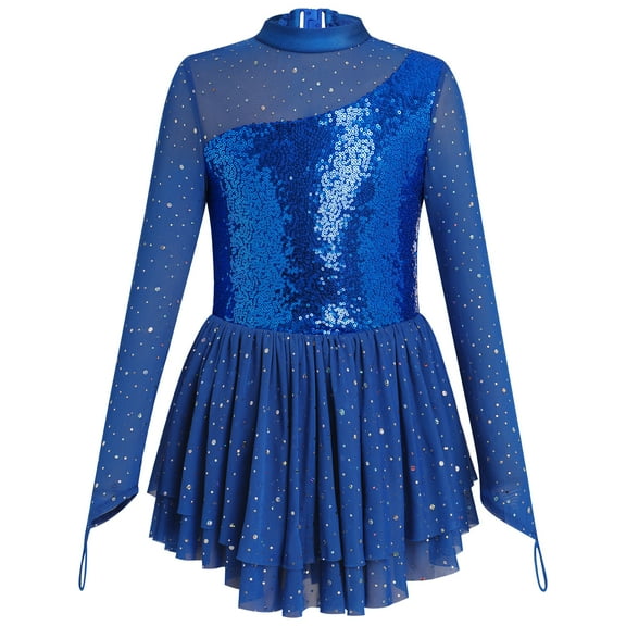 IBTOM CASTLE Figure Skating Dress for Girls Long Sleeve Mesh Sequin Rhinestones Ice Skating Dress Ballet Competition Dancewear 7-8 Years Royal Blue