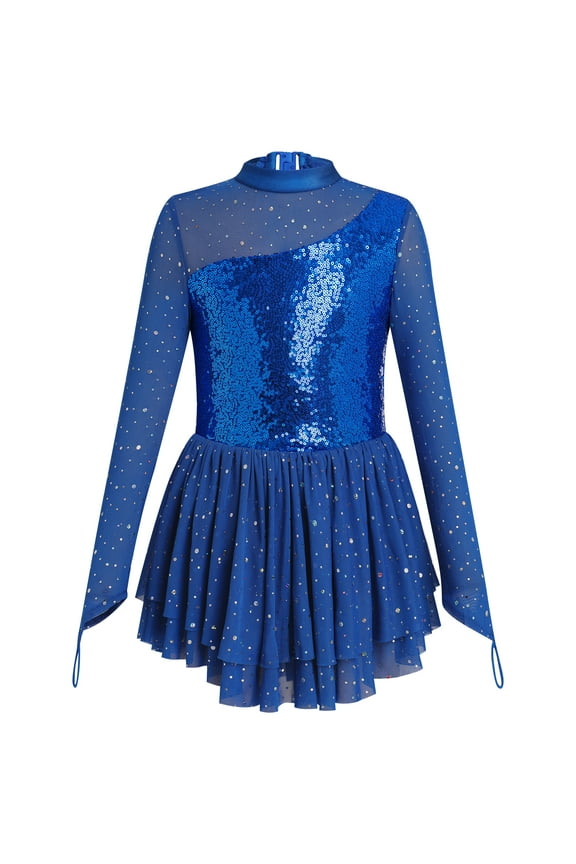 Figure Skating Dress for Girls Long Sleeve Mesh Sequin Rhinestones Ice Skating Dress Ballet Competition Dancewear 9-10 Years Royal Blue