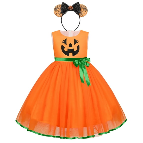 IBTOM CASTLE First Halloween Princess Dress up Clothes for Toddler Infant Baby Girls Tutu Pumpkin Ghost Pageant Birthday Party Fancy Skirt 6-12 Months Orange