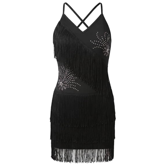 IBTOM CASTLE Floral Rhinestone Fringe Tassel Latin Dance Dress for Girls 1920s Fapper Dress Kids V Neck Cross Back Ballroom Dance Outfit Black