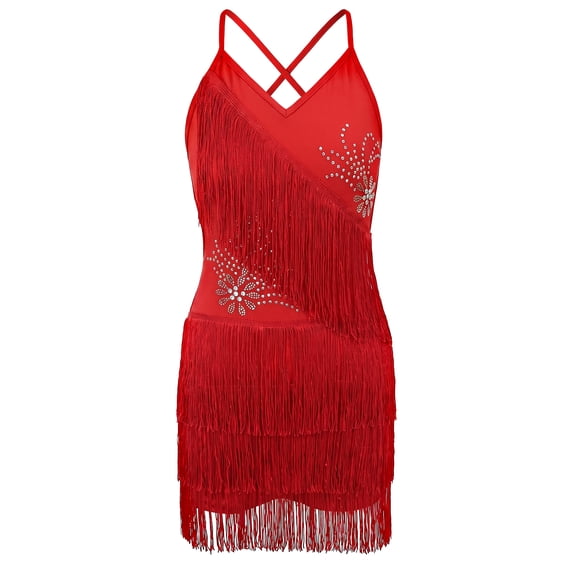 IBTOM CASTLE Floral Rhinestone Fringe Tassel Latin Dance Dress for Girls 1920s Fapper Dress Kids V Neck Cross Back Ballroom Dance Outfit Red