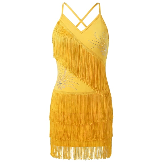 IBTOM CASTLE Floral Rhinestone Fringe Tassel Latin Dance Dress for Girls 1920s Fapper Dress Kids V Neck Cross Back Ballroom Dance Outfit Yellow