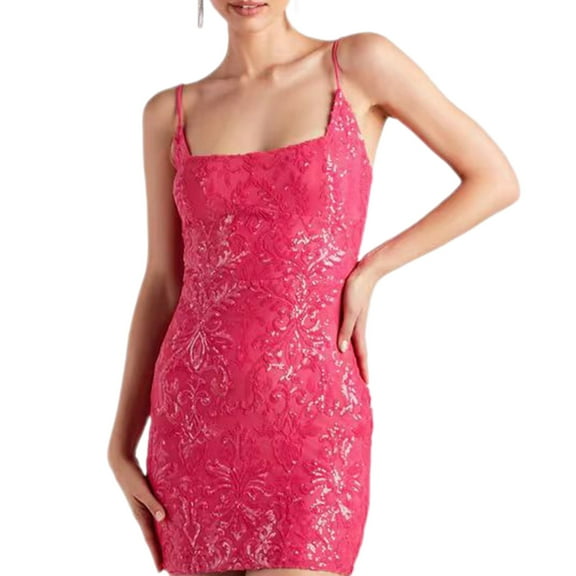 IBTOM CASTLE Floral Sequin Fashion Dress for Women Sparkly Spaghetti Strap Bodycon Mini Dress Cocktail Party Nightclub Dance Short Prom Dress XL Hot Pink