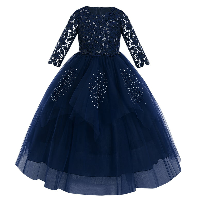 IBTOM CASTLE Flower Girl Communion Embroidery Lace Dress for Kids Junior  Wedding Party Formal Dance Evening Maxi Gown with 3/4 Sleeve 13-14 Years  Navy Blue 