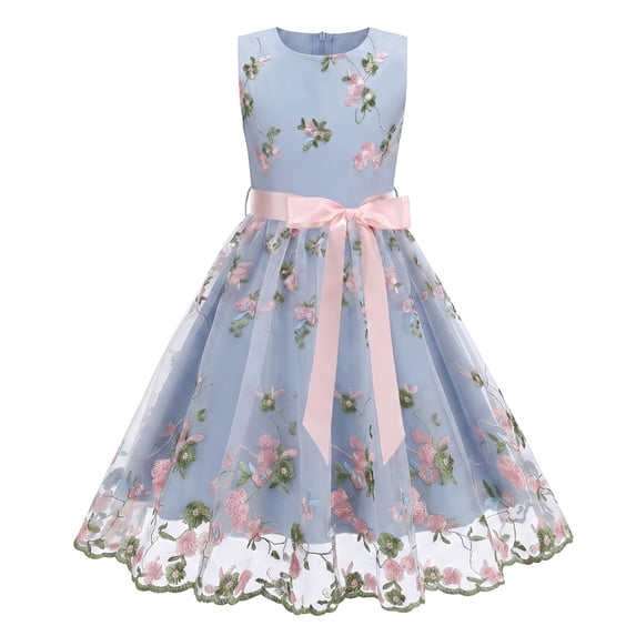 IBTOM CASTLE Flower Girl Dress Lace Embroidery Birthday Party Wedding Dresses Kids Formal Bridesmaid Tulle Dresses Princess Pageant Floral Gown Blue