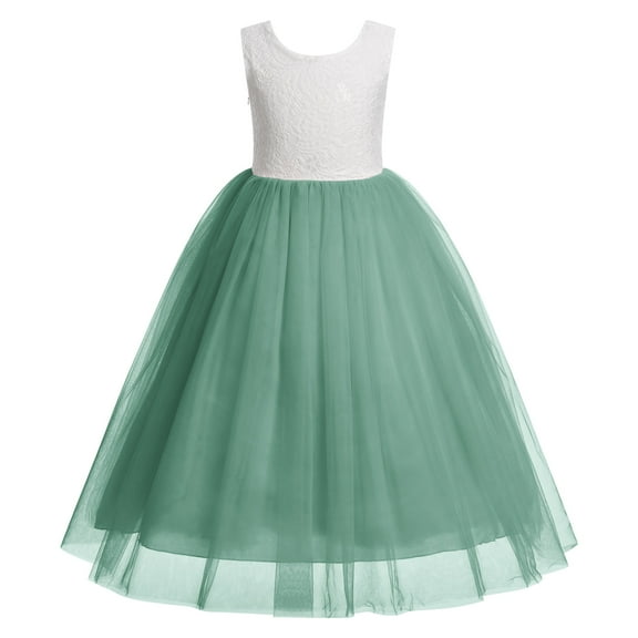 IBTOM CASTLE Flower Girl Dress Princess Sleeveless Floral Embroidered Kids Summer Wedding Pageant Birthday Party Tutu Tulle Dress 13-14 Years Green