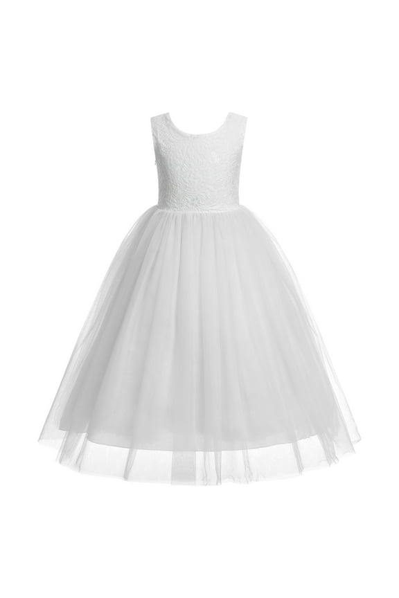 Flower Girl Dress Princess Sleeveless Floral Embroidered Kids Summer Wedding Pageant Birthday Party Tutu Tulle Dress 2-3 Years White