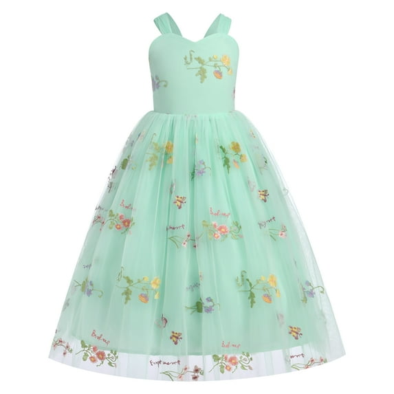 IBTOM CASTLE Flower Girl Dress Princess Sleeveless Floral Embroidered Kids Summer Wedding Pageant Birthday Tulle Tutu Dresses 3-4 Years Green
