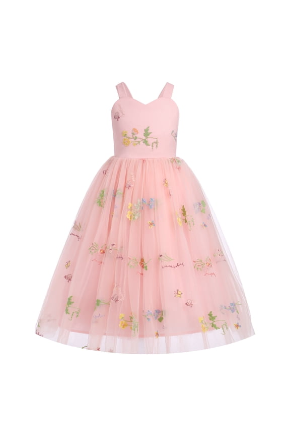 Flower Girl Dress Princess Sleeveless Floral Embroidered Kids Summer Wedding Pageant Birthday Tulle Tutu Dresses 5-6 Years Pink