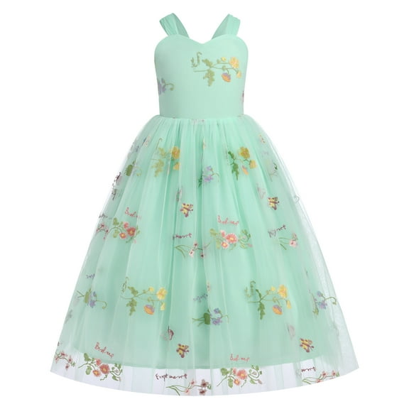 IBTOM CASTLE Flower Girl Dress Princess Sleeveless Floral Embroidered Kids Summer Wedding Pageant Birthday Tulle Tutu Dresses 7-8 Years Green