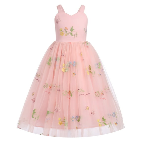 IBTOM CASTLE Flower Girl Dress Princess Sleeveless Floral Embroidered Kids Summer Wedding Pageant Birthday Tulle Tutu Dresses 7-8 Years Pink