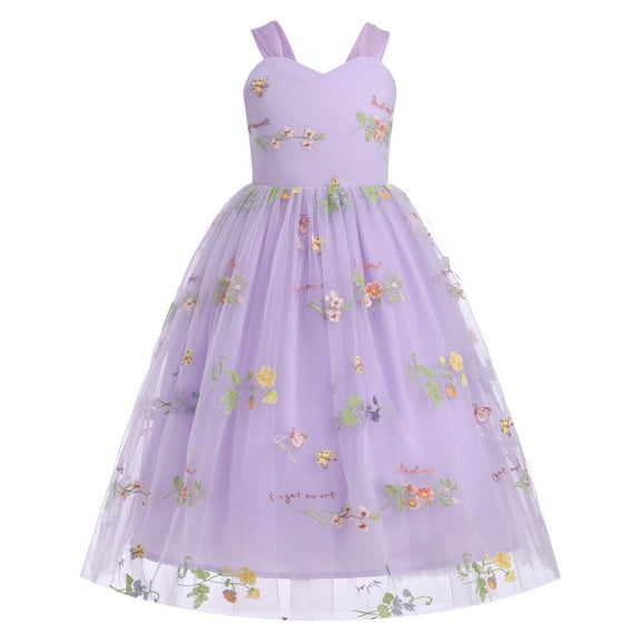 IBTOM CASTLE Flower Girl Dress Princess Sleeveless Floral Embroidered Kids Summer Wedding Pageant Birthday Tulle Tutu Dresses 7-8 Years Purple