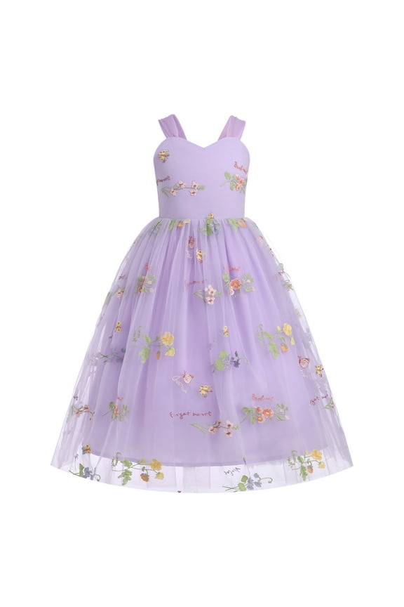 Flower Girl Dress Princess Sleeveless Floral Embroidered Kids Summer Wedding Pageant Birthday Tulle Tutu Dresses 7-8 Years Purple