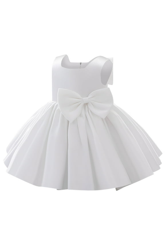 Flower Girl Dress Satin Bowknot Tutu Wedding Bridesmaid Christening Pageant Birthday Party Evening Prom Gown 12-18 Months White