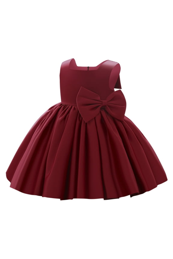 Flower Girl Dress Satin Bowknot Tutu Wedding Bridesmaid Christening Pageant Birthday Party Evening Prom Gown 18-24 Months Wine Red