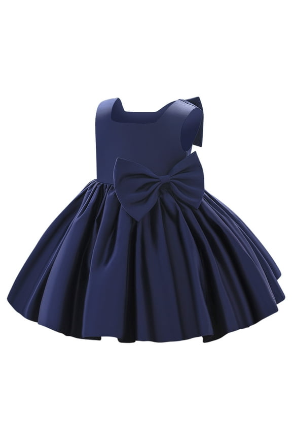 Flower Girl Dress Satin Bowknot Tutu Wedding Bridesmaid Christening Pageant Birthday Party Evening Prom Gown 5-6 Years Dark Blue
